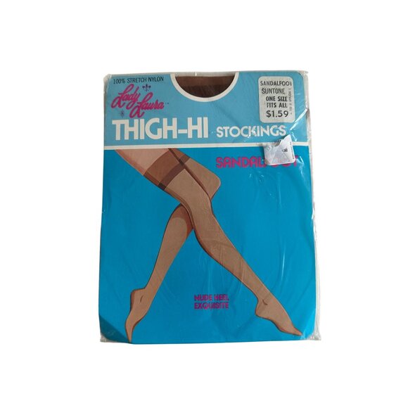 LADY LAURA Vintage 1981 Suntone Sandalfoot Thigh High Stockings One Size NEW NWT - Picture 5 of 6